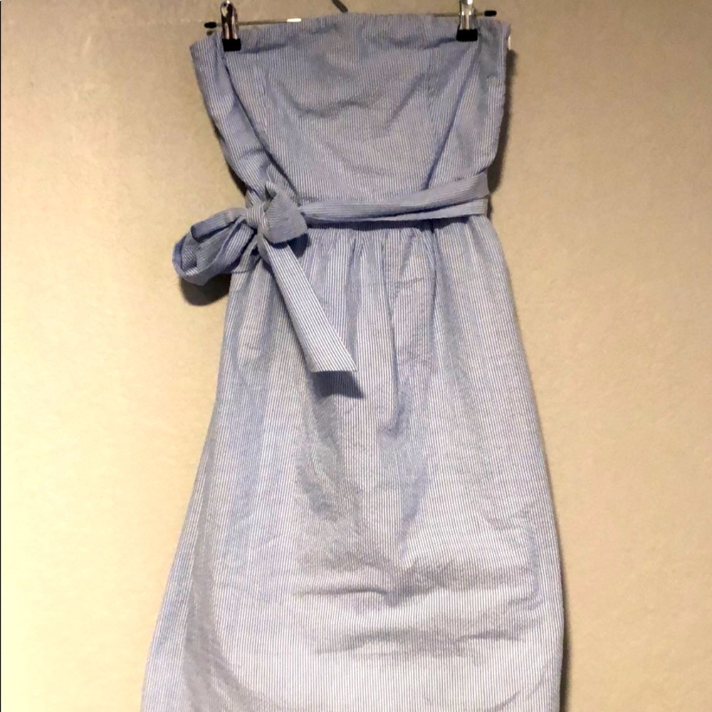 Blue and white strapless dress